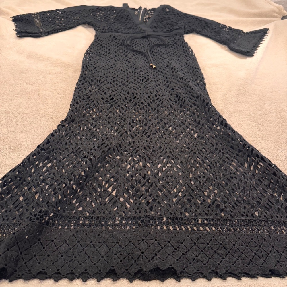 The Clothing Company Crochet Swim Cover Bell Sleeve Maxi Dress Witchy Boho Sz M - Picture 3 of 16